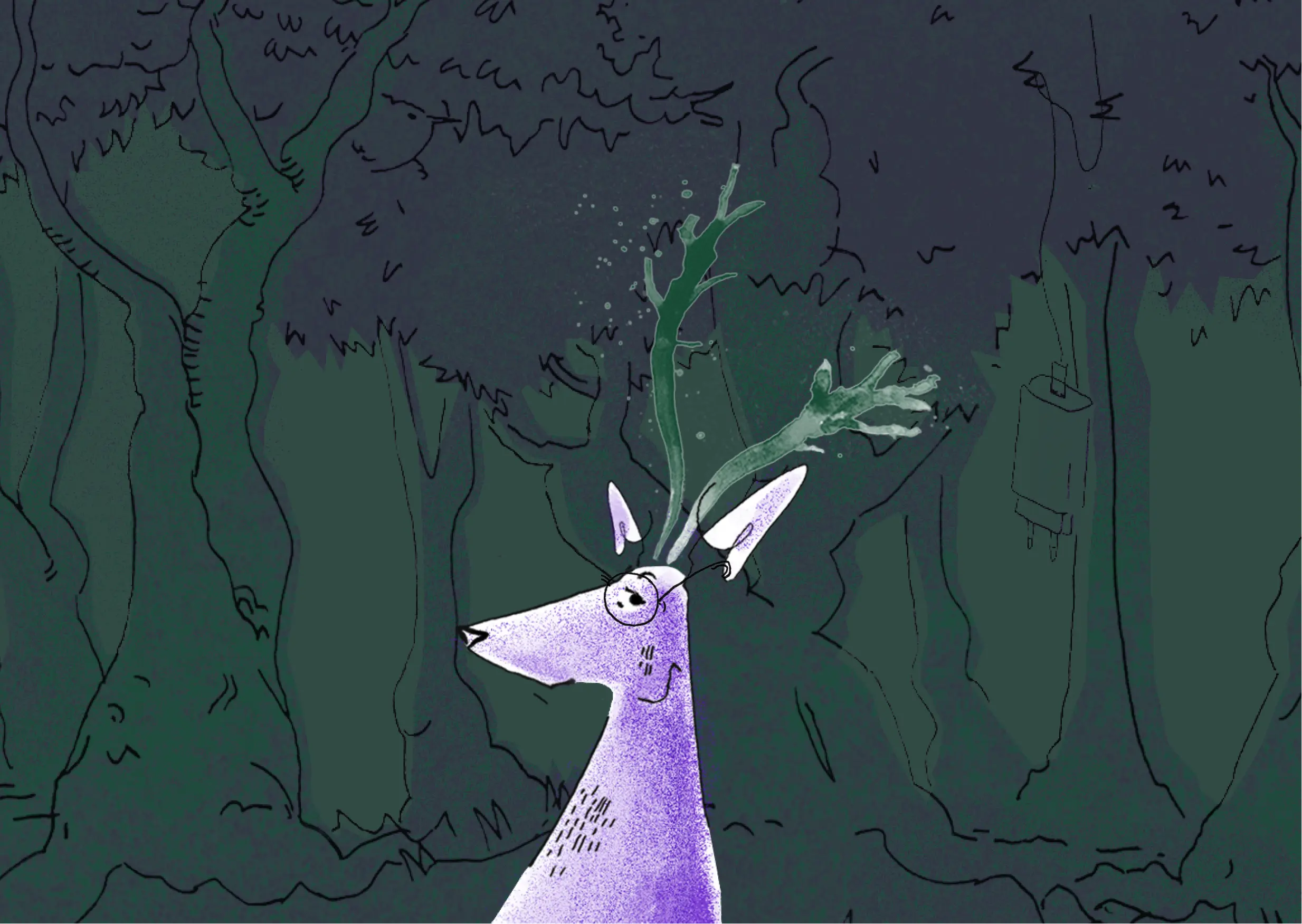 Cartoon portrait of a purple deer with glasses and green antlers. The deer looks at the camera and pricks up its ears. In the background is a sketch of a dense forest.