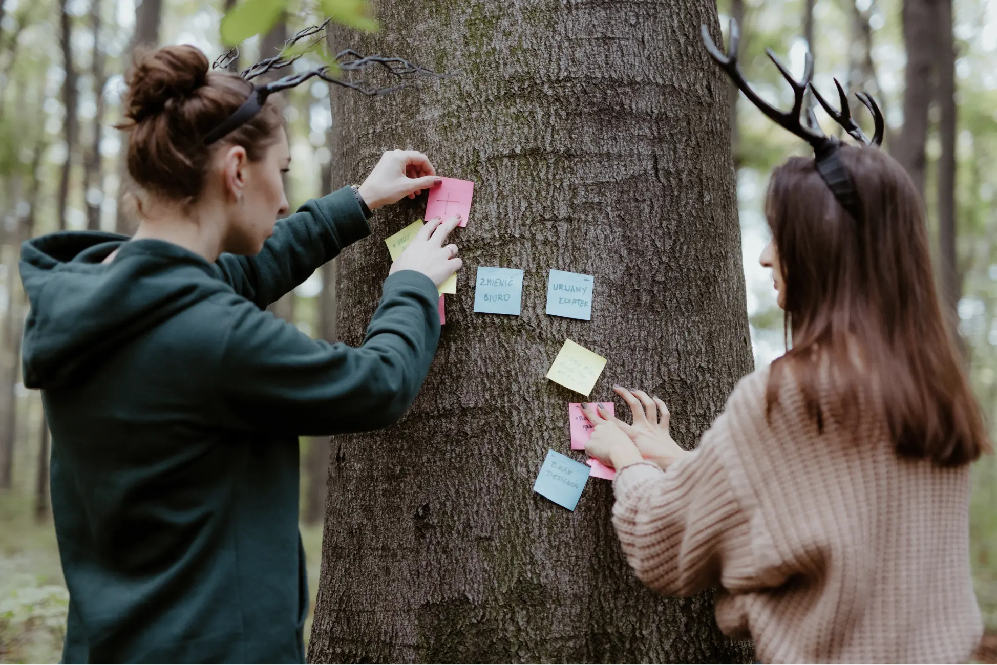 Two women plan a workshop in the forest, pinning sticky notes to a large tree in the middle. They have their backs to the camera, focused on the task at hand. They have antlers on their heads.